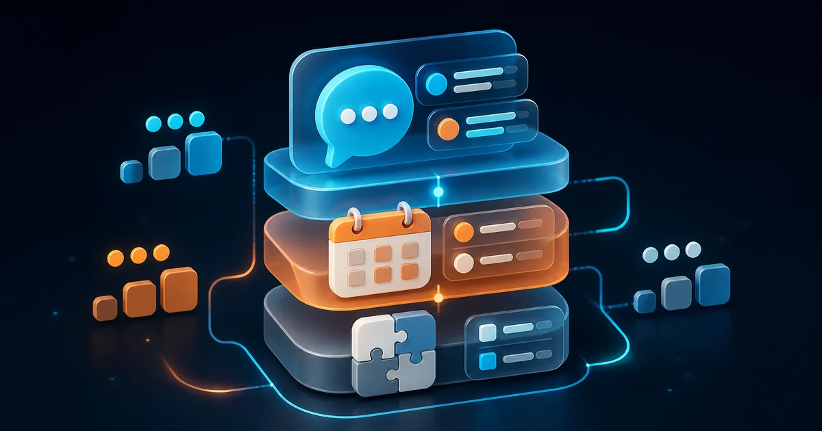Camadas visuais de mensagens, agenda e integrações que compõem o custo de uma automação.